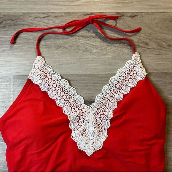 Lauren Conrad Women’s Red with White Lace Trim One Piece Swimsuit - Picture 4 of 12